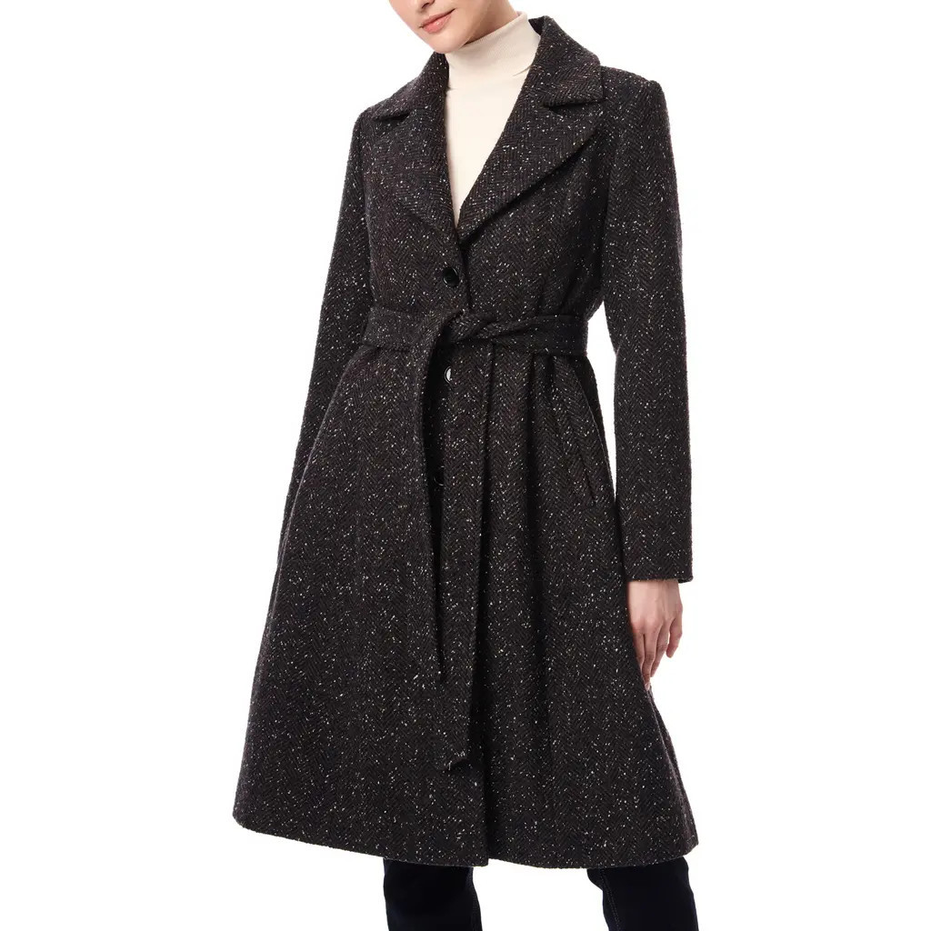 Bernardo Longline Belted Herringbone Tweed Coat in Navy/Brown Tweed at Nordstrom, Size Small | Nordstrom