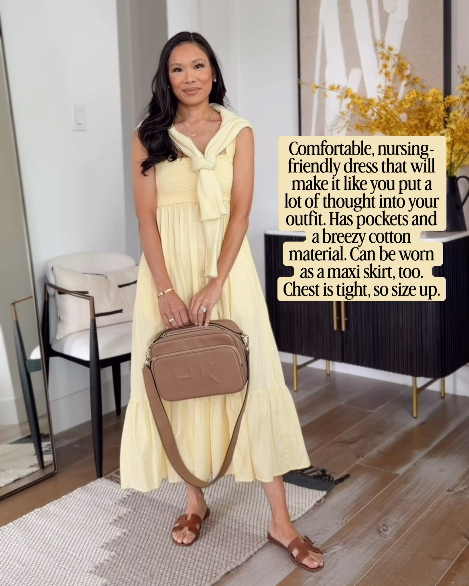 Chic summer outfit with a midi dress that’s nursing friendly and comfortable. Can also be worn as a maxi skirt. Wearing size XS, feels tight in the chest. Pairing with a merino wool blend cardigan over the shoulders and a leather camera bag.

#LTKxAbercrombie #LTKmomlife #LTKPetite