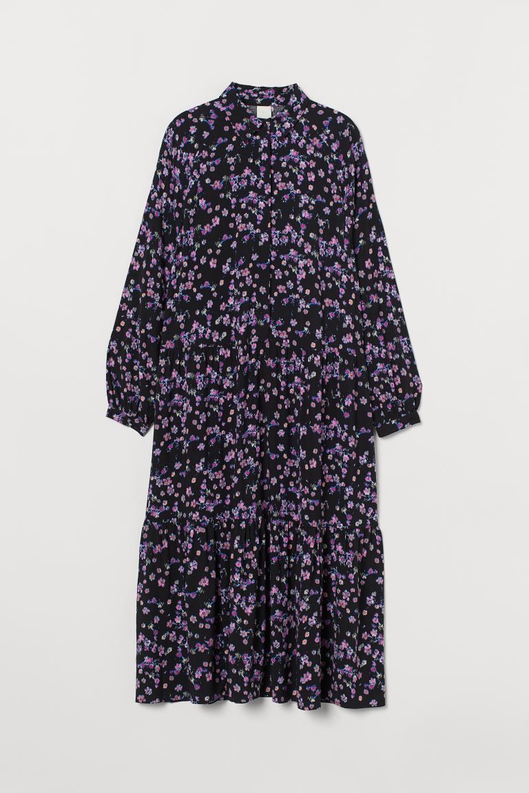 Calf-length dress in airy, woven viscose fabric. Collar, concealed buttons at top, and long ragla... | H&M (US + CA)