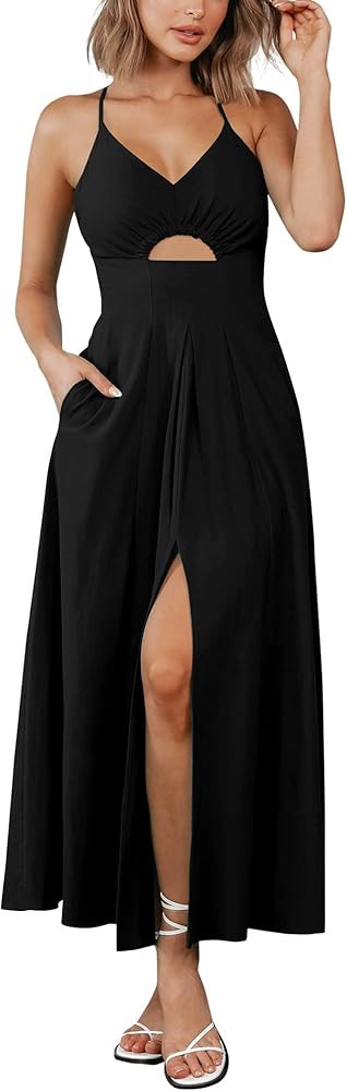 BTFBM Women 2025 Summer Spaghetti Strap Midi Dress Sleeveless V Neck Cutout Slit Casual Beach Par... | Amazon (US)