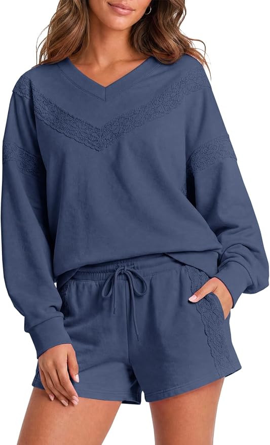 Fisoew Womens 2 Piece Outfits Short Sets Lace V Neck Long Sleeve Sweatshirts Casual Shorts Sweats... | Amazon (US)