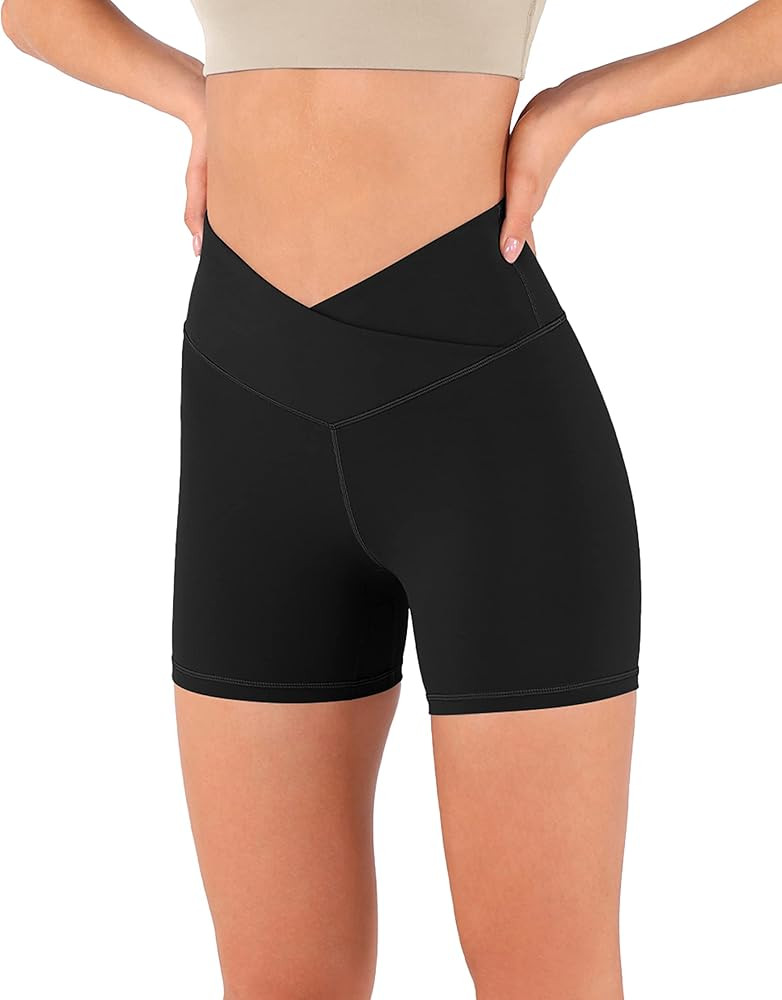 ODODOS Crossover Yoga Shorts for Women 5" Inseam High Waist Athletic Workout Running Biker Shorts | Amazon (US)