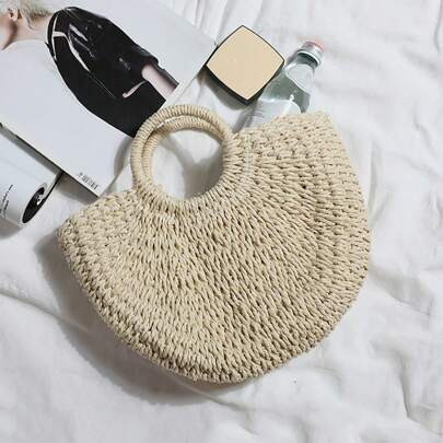 Medium Size Straw Half-Moon Shaped Tote Handbag For Vacation | SHEIN
