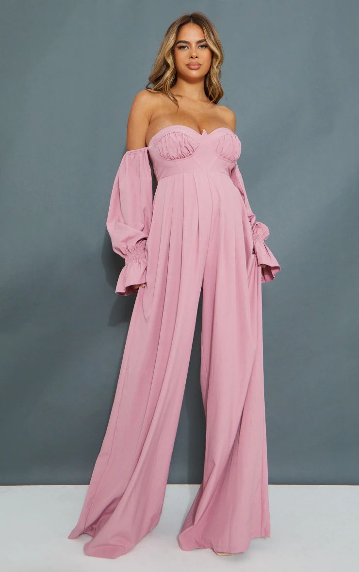 Maternity Pink Corset Detail Bardot Wide Leg Jumpsuit | PrettyLittleThing US