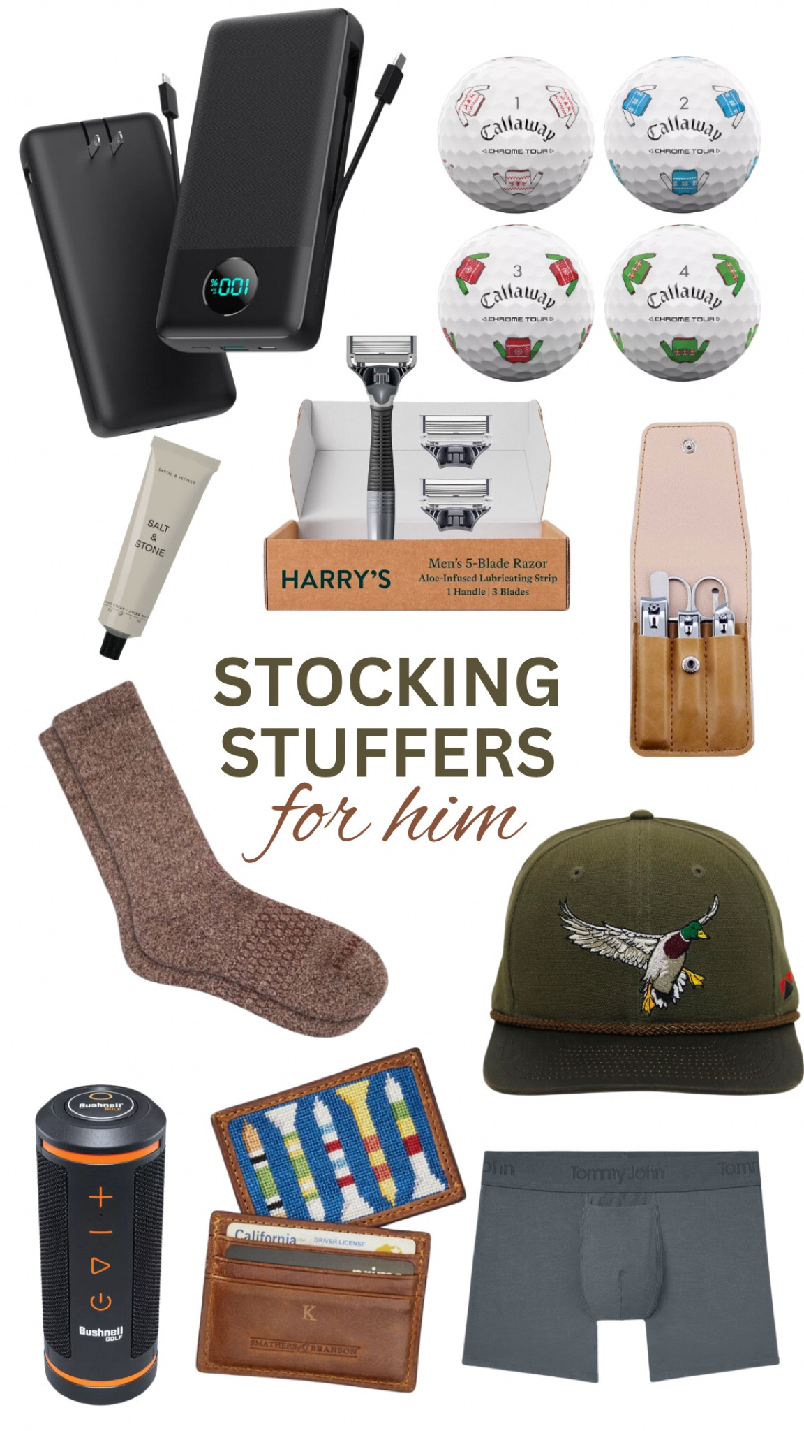 Stocking stuffers for him. Portable charger. Calloway golf balls. Hand cream. Harry’s razor. Nail care kit. Him as socks. Duck hat. Golf GPS speaker. Card holder. Tommy John boxer briefs  

#LTKSeasonal #LTKGiftGuide #LTKHoliday