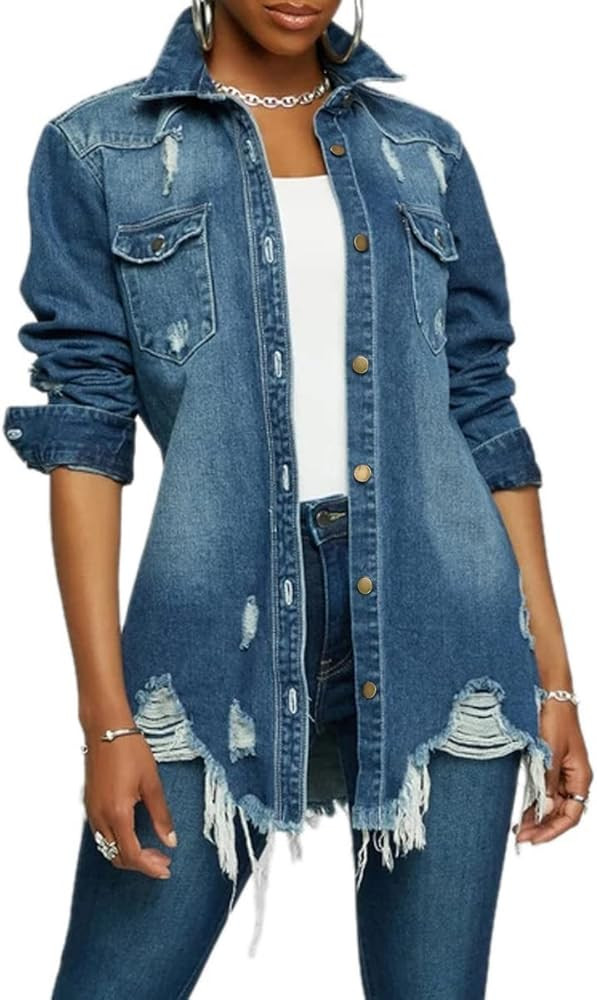 LaiyiVic Denim Jacket for Women Winter Long Sleeve Classic Distressed Butterfly Jean Trucker Jack... | Amazon (US)