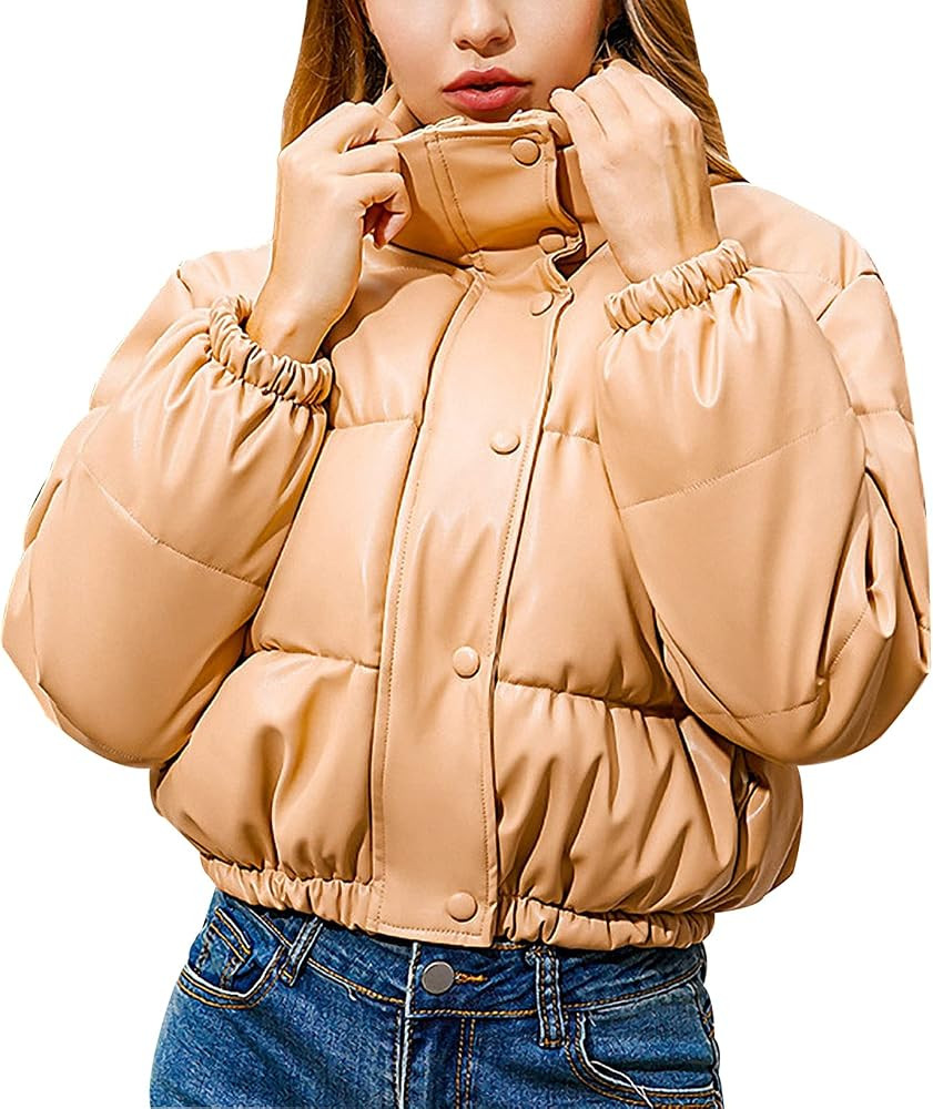 Gihuo Women' s Cropped Puffer Jacket Faux Leather Lightweight Quilted Puffy Jackets Warm Winter Coats Outerwear | Amazon (US)