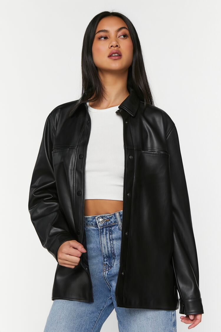 Faux Leather Snap-Button Shacket | Forever 21 (US)