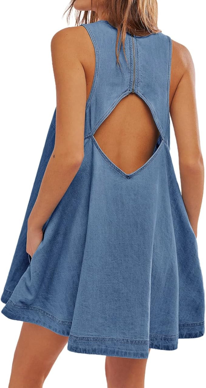 Women's Sleeveless Casual Denim Dress Crewneck Vintage Babydoll Jean Mini Dresses with Pockets | Amazon (US)