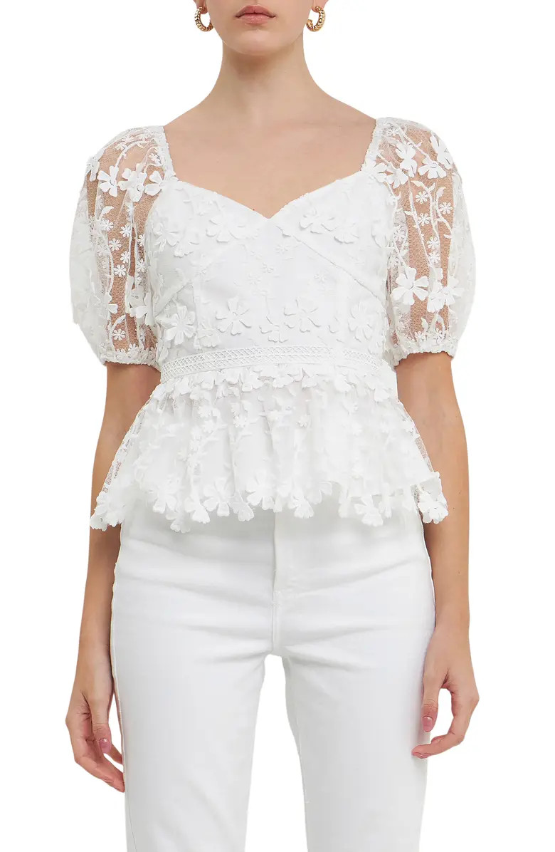 Endless Rose Floral Lace Puff Sleeve Peplum Top | Nordstrom | Nordstrom