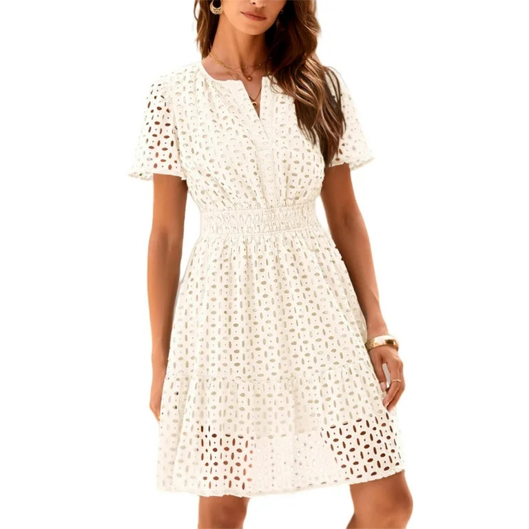 PRETTYGARDEN Womens Summer Short Dress V Neck Short Sleeve A Line Wear To Work Hollow Out Lace Ru... | Walmart (US)