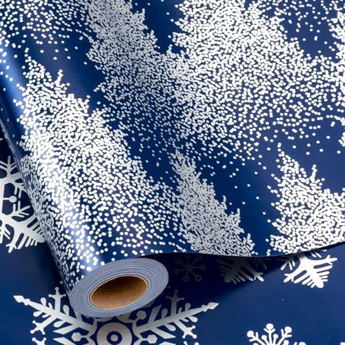 MAYPLUSS Blue Christmas Wrapping Paper Roll, Tree Wrapping Paper, Luxury Navy Blue Shiny Christmas Tree and Snowflakes Gift Wrap for Holiday Gift Packaging, Festive Decoration (17 Inch X 16.5 Feet) | Amazon (US)