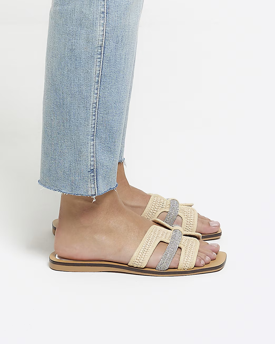 Beige raffia diamante flat sandals | River Island UK & IE