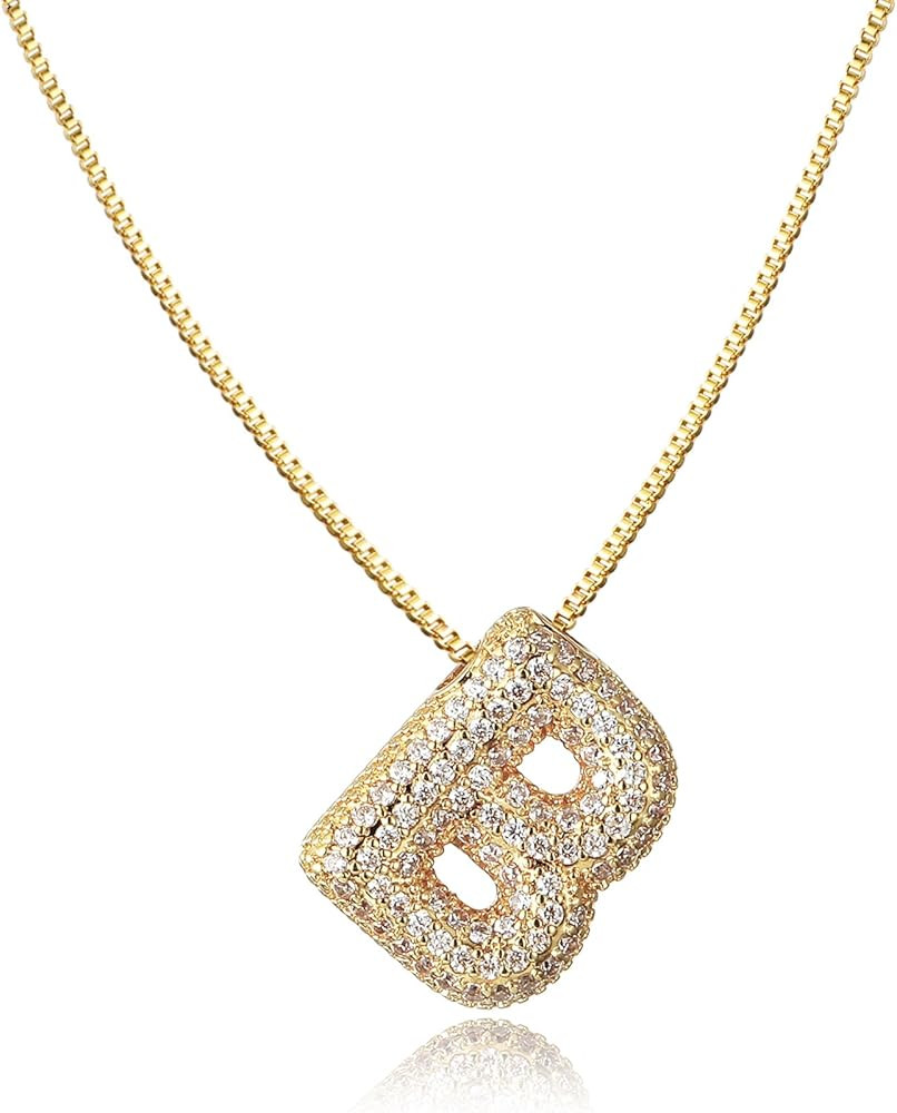 SKQIR Diamond Initial Letter Necklace for Women Bubble Gold Plated Puffy Balloon Alphabet Crystal... | Amazon (US)
