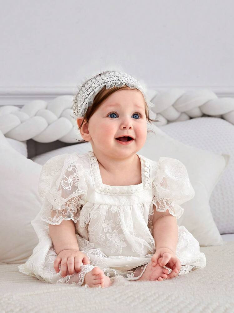 Baby Girl Puff Sleeve Square Neck Lace Overlay Smock Dress | SHEIN
