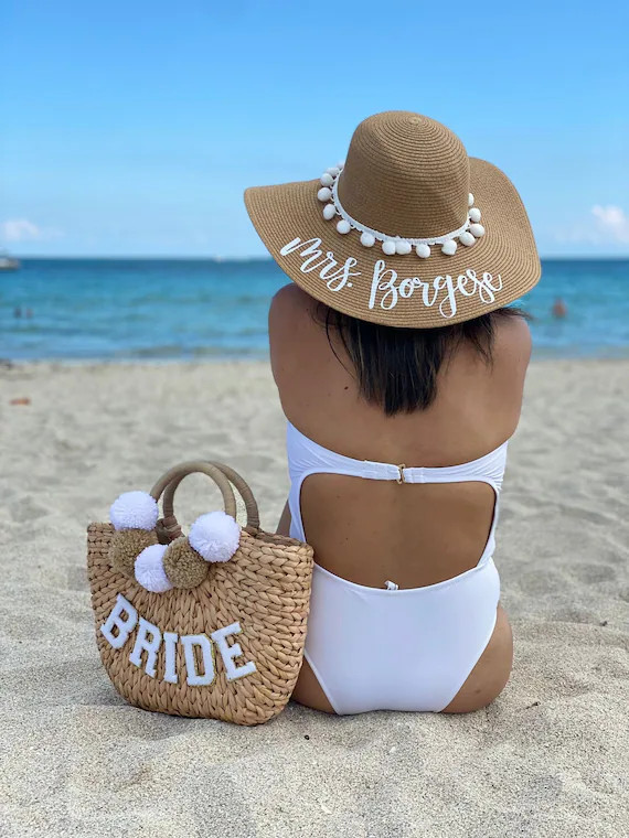 Custom White Pom Pom Floppy Beach Hat // Bachelorette Trip Honeymoon Wedding | Etsy (US)