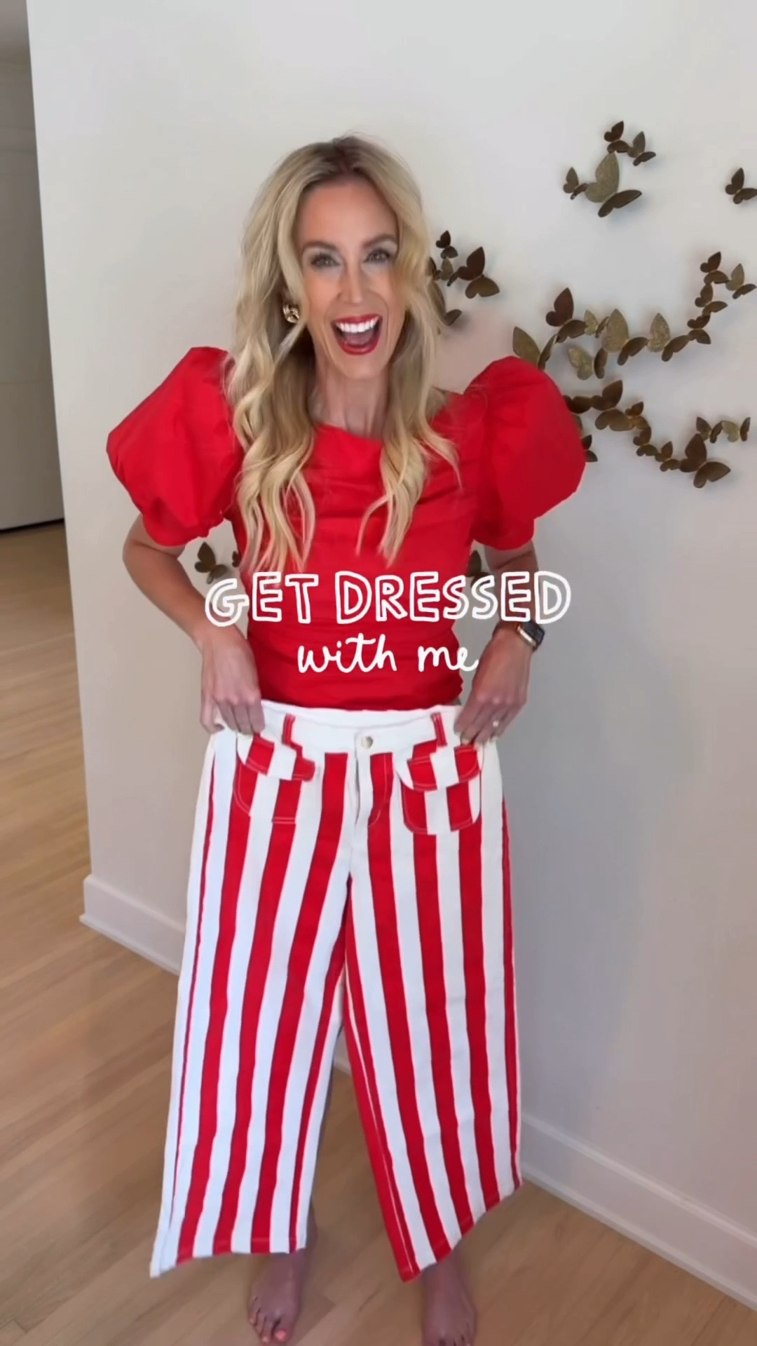Get dressed with me! Cutest striped red and white jeans with a red top and red bag! Consider sizing up on top if between sizes