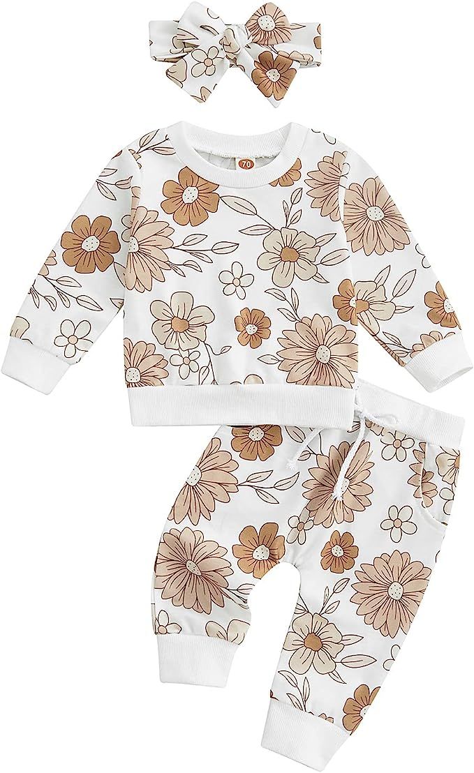 Newborn Infant Baby Girl Clothes Fall Winter Flower Outfit Long Sleeve Crewneck Sweatshirt Pullov... | Amazon (US)