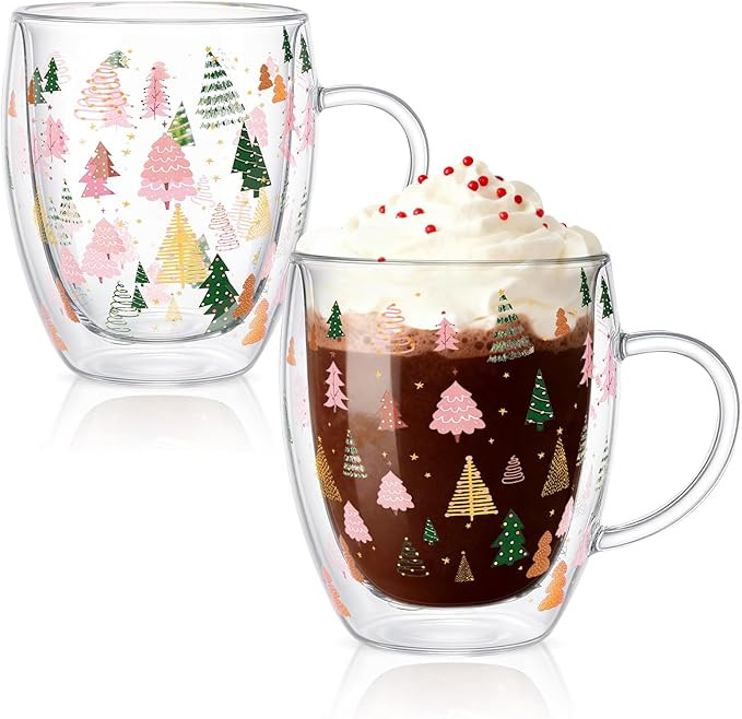 Christmas Double Wall Glass Coffee Mugs 12Oz Boho Xmas Tree Insulated Glasses Clear Espresso Cups... | Amazon (US)