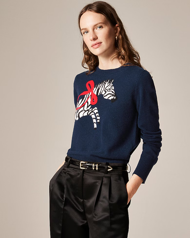 Cashmere classic-fit crewneck sweater in zebra intarsia | J. Crew US