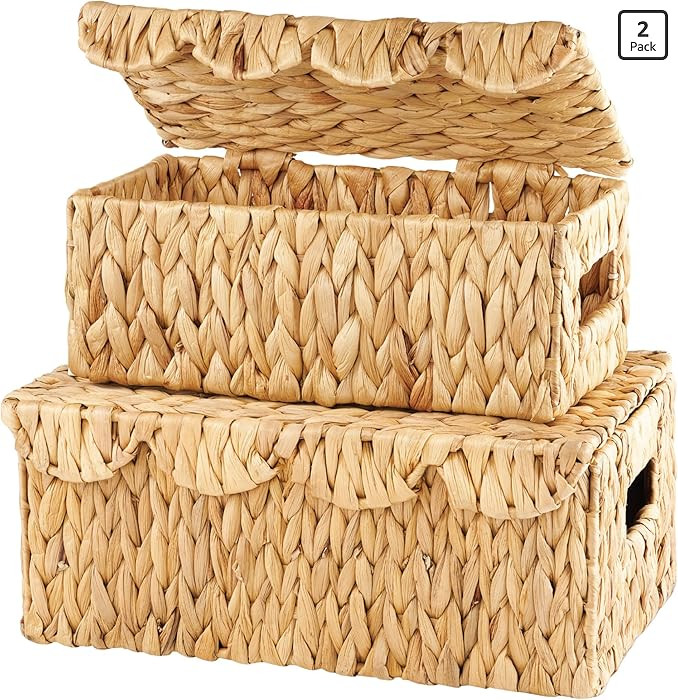 Set of 2 Scalloped Wicker Baskets with Lid - Woven Baskets with Lid - Rattan Storage Box - Woven ... | Amazon (US)