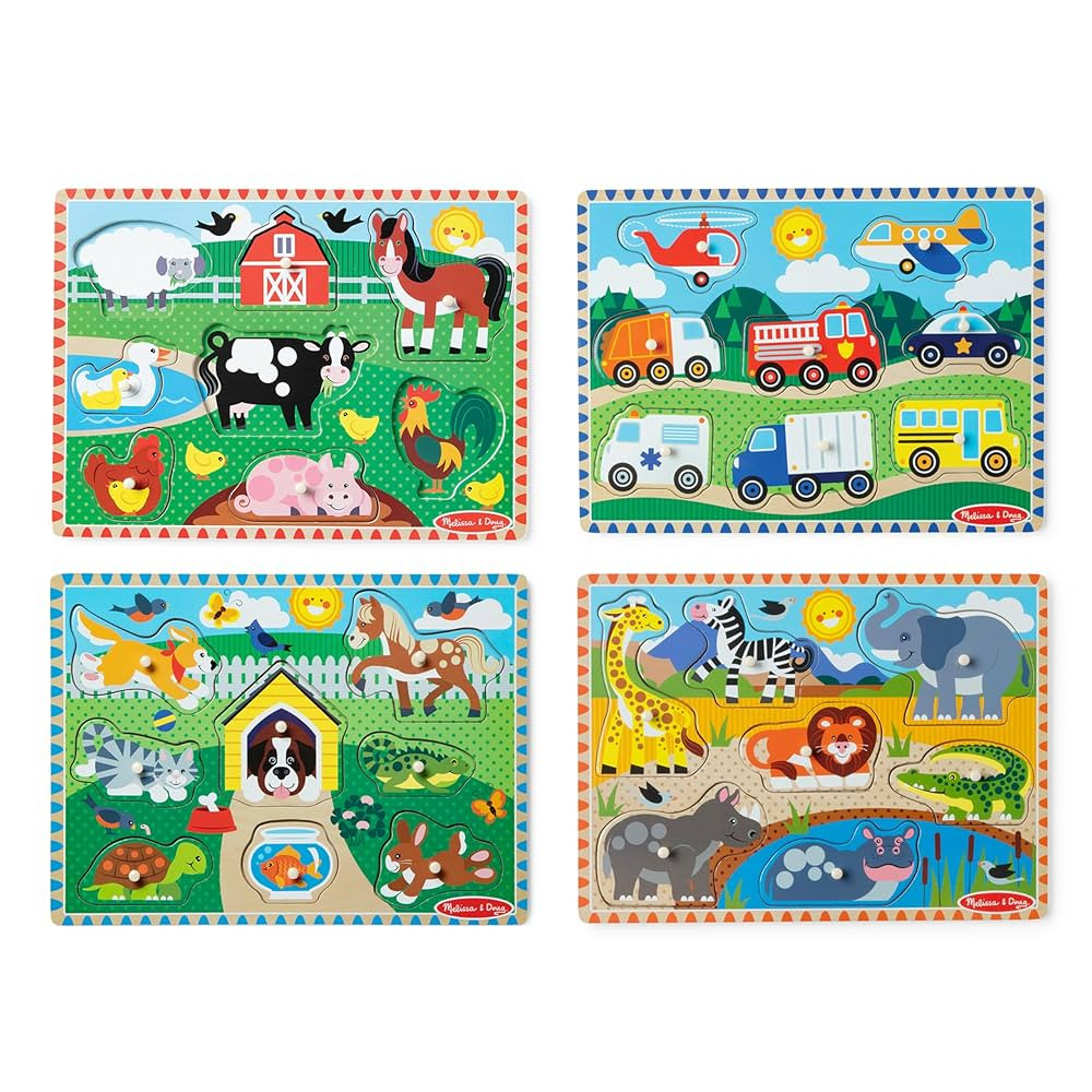 Melissa & Doug Wooden Peg Puzzle Set – 4-Pack Vehicle, Farm, Safari & Pet Animal Themes – Edu... | Amazon (US)