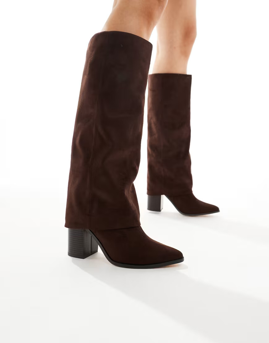 London Rebel Elena fold over knee boots in chocolate-Brown | ASOS (Global)