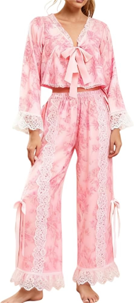 Thopavenoir Womens Lace Ruffle Pajama Set 2 Piece Tie Front Cute Floral Printed Cotton Shirt and ... | Amazon (US)