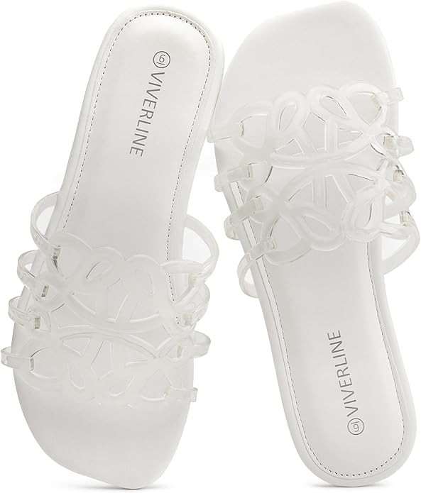 Womens Jelly Flat Sandals - Clear Hollow Slip On Slippers with Open Toe - Breathable Fashion Beac... | Amazon (US)