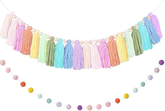 2 PCS Rainbow Boho Tassel Garland, 6.5 Feet Pom Pom Tassel 20 Felt Balls, Colorful Wall Hanging B... | Amazon (US)