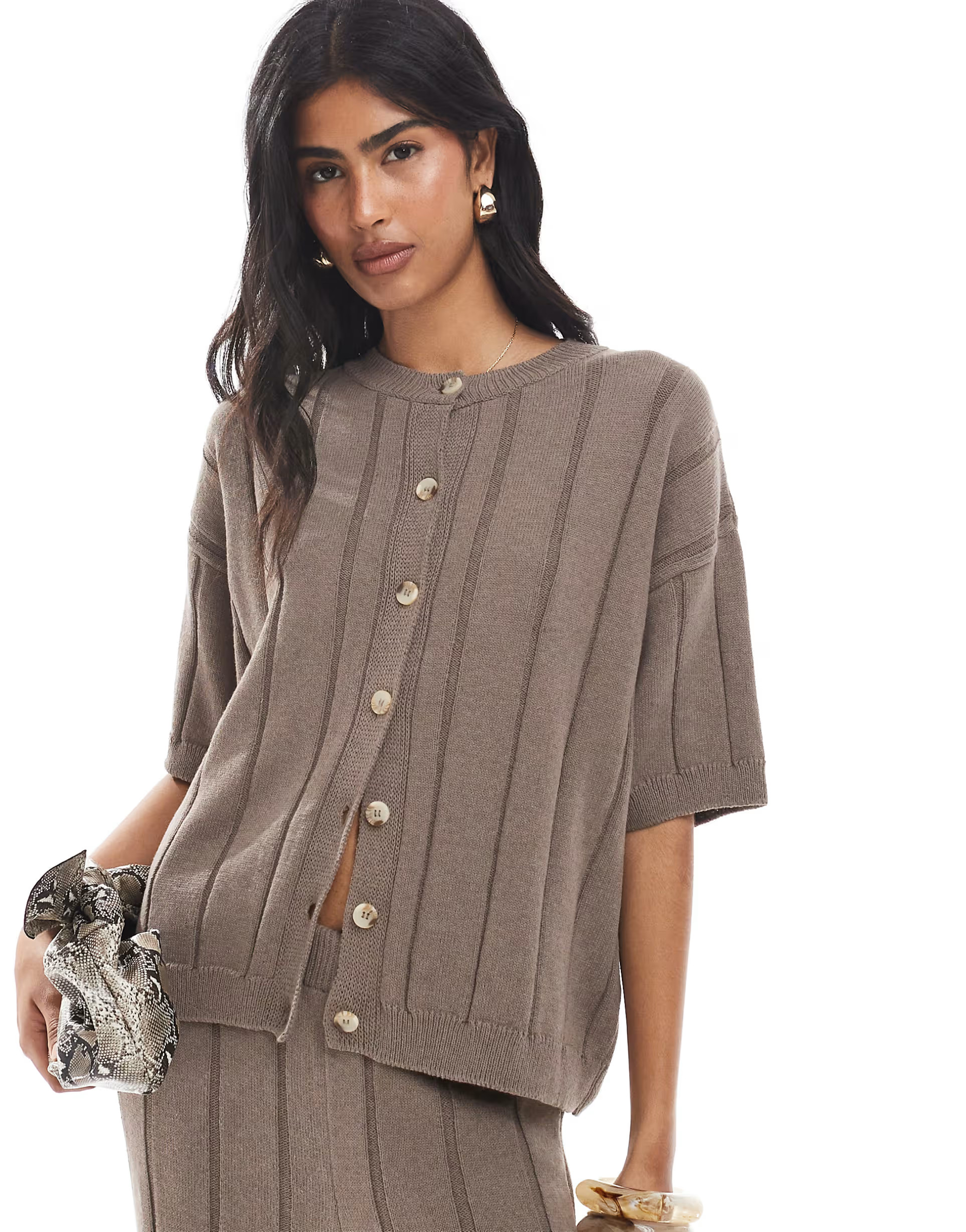 ASOS DESIGN knitted cotton cardigan co-ord in mocha | ASOS (Global)