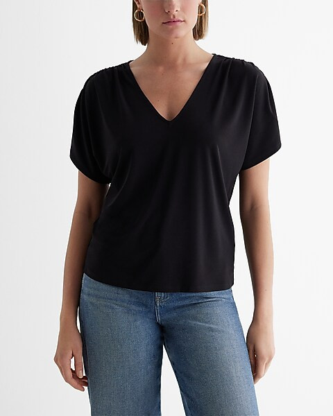 Skimming V-neck Short Sleeve Pleated Shoulder Tee | Express