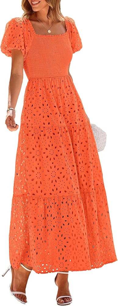 PRETTYGARDEN Summer Dresses for Women 2026 Eyelet Square Neck Puff Sleeve Smocked Wedding Guest M... | Amazon (US)