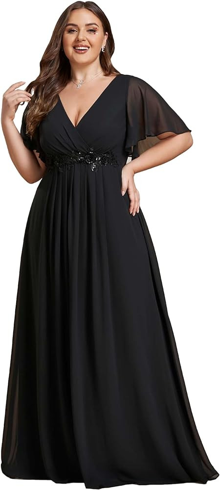 Ever-Pretty Women's Chiffon V Neck Short Sleeves Appliques Plus Size Formal Evening Dresses 01960... | Amazon (US)
