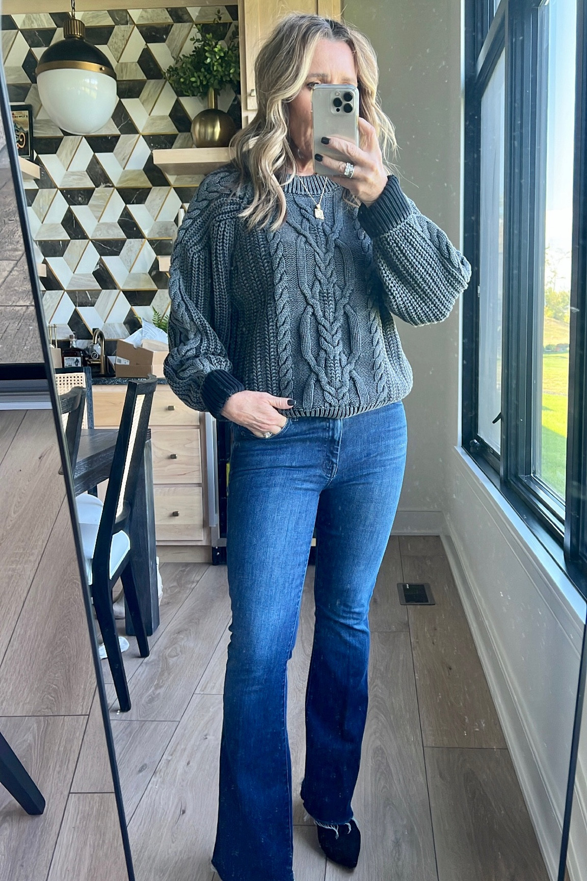 Fall outfit idea for women over 50, fall sweater, flare jeans, Mother jeans, jeans for women over 50, weekend outfit idea, classic sweater, free people sweater 

#LTKSeasonal #LTKfindsunder100 #LTKover40
