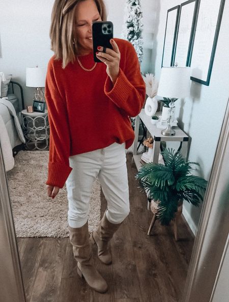 White jeans on sale, fits tts. Styled with oversized sweater from Amazon, more color options and Steve Madden scrunch boots. 

Christmas, holiday outfit, weekend outfit, jeans, boots, sweaters, amazon fashion, ootd, sale, deals, gift guide, gifts for her. Christmas

#LTKfindsunder50 #LTKsalealert #LTKstyletip