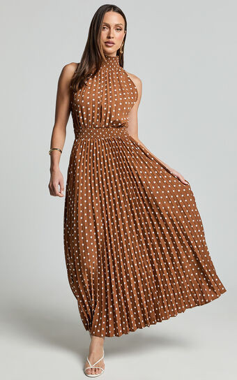 Jacynthia Midi Dress - Pleated High Neck Dress in Chocolate/White | Showpo (US, UK & Europe)