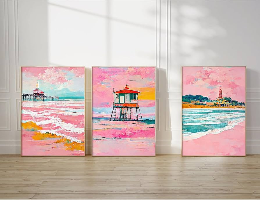 Beach Boho Wall Art Prints Set of 3 Preppy Coastal Wall Decor Pictures Pink Beach Canvas Wall Dec... | Amazon (US)
