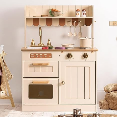 ROBOTIME Play Kitchen for Kids Toddlers, Wooden Pretend Play Kitchen Set Toy with Cutting Food Se... | Amazon (US)