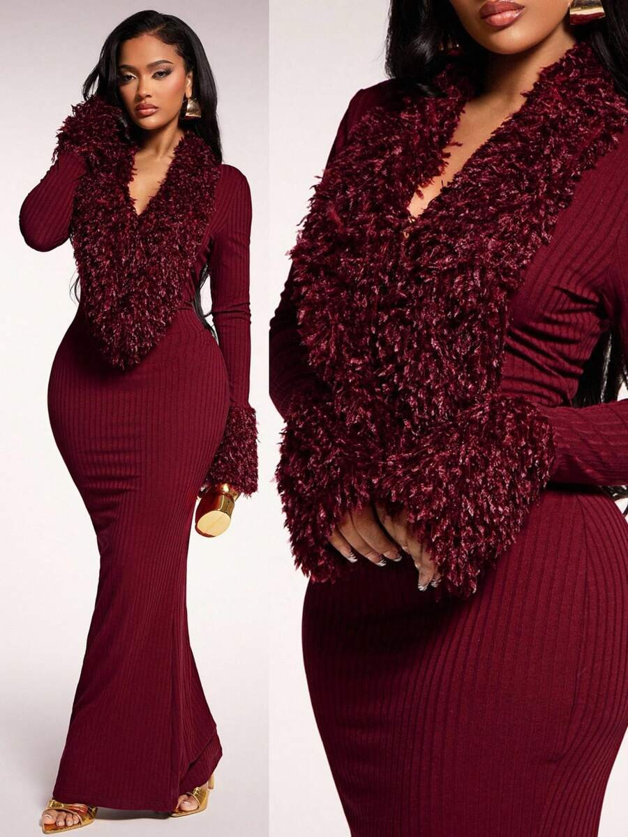 Radiana Women's Sexy & Elegant Burgundy Faux Fur Patchwork Knit Bodycon Mermaid Maxi Dress Long S... | SHEIN
