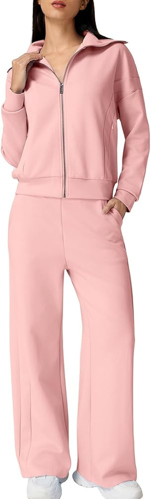 QINSEN Women's Cotton 2 Piece Outfits Lapel Long Sleeve Zip Up Sweatshirt Wide Leg Pants Matching... | Amazon (US)