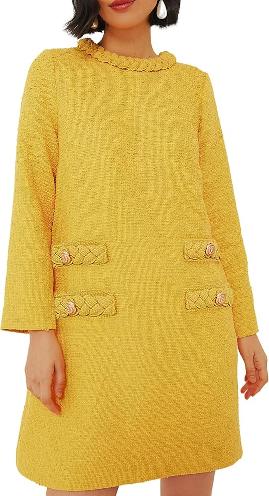 Womens Tweed Jackie Dress Elegant Crew Neck Long Sleeve Casual A-line Mini Dress | Amazon (US)
