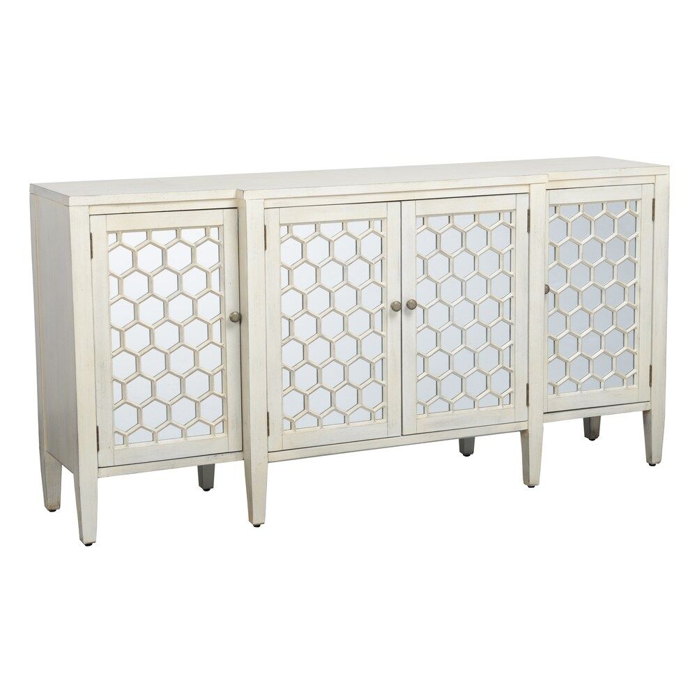 Honeycomb Design Wooden Sideboard with Four Door Storage, White and Clear | Bed Bath & Beyond