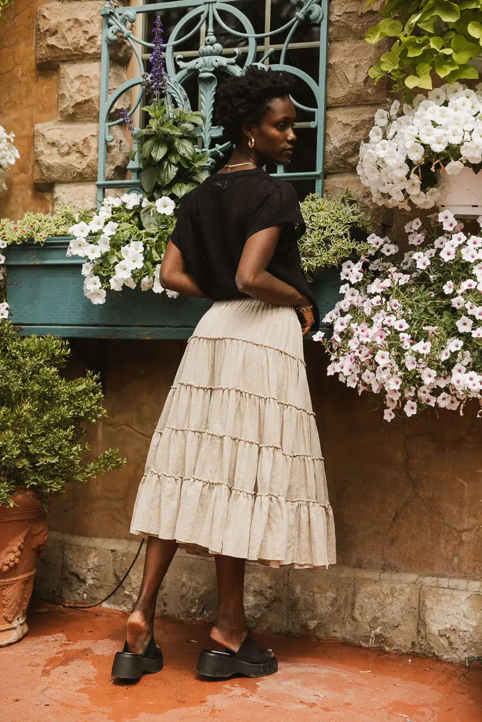 Minerva Tiered Midi Skirt in Taupe | Böhme US