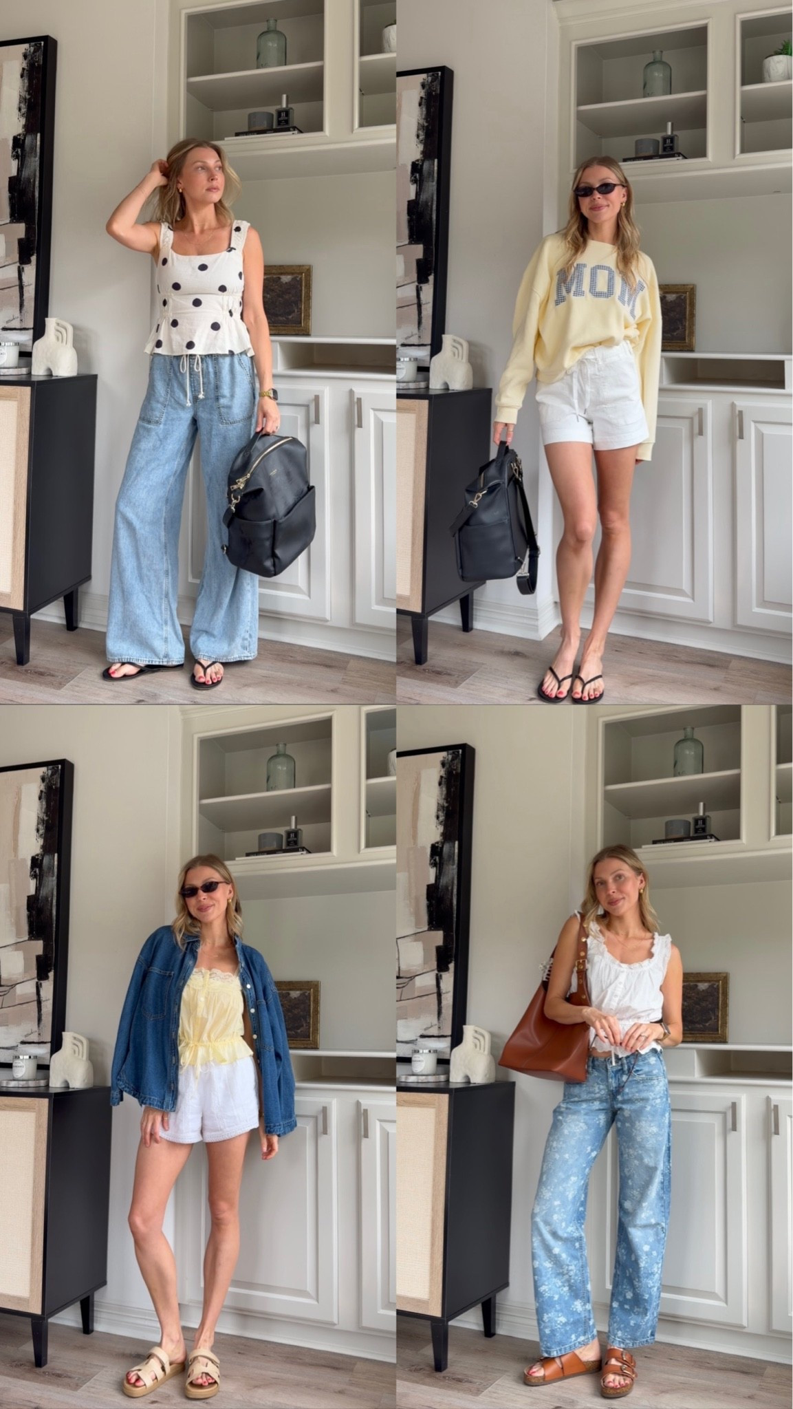 Nursing friendly mom outfits - S in polka dot top, drawstring denim, white tank, basic tank, white stretchy shorts, white jean shorts, yellow tank, and denim jacket, 2 in floral jeans, L in sweatshirt.

#LTKmomlife #LTKootd