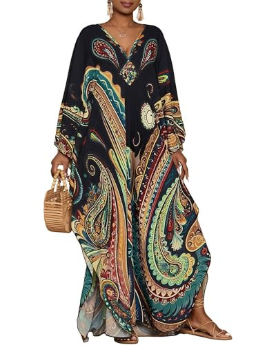 Bsubseach Kaftan Dresses for Women Ethnic Print Plus Size Beach Cover Ups Batwing Sleeve Caftans with Pockets Black | Amazon (US)