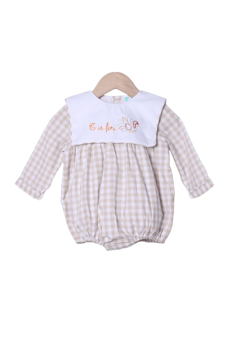 T is for Turkey Shadow Embroidery Khaki Gingham Bubble | The Smocked Flamingo