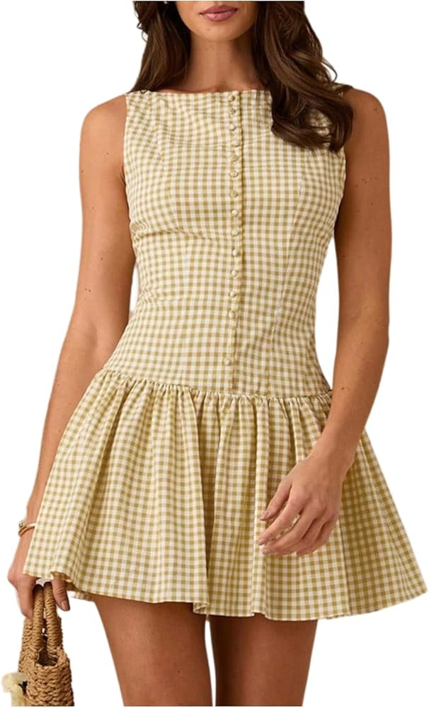 OYOANGLE Women's Gingham Sleeveless Ruffle Short Dress Open Back Button Front Y2K Plaid Dresses | Amazon (US)