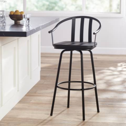 Lael Black Finish Metal and Wood Swivel Barstool by Elm Lane - #96G66 | Lamps Plus | Lamps Plus