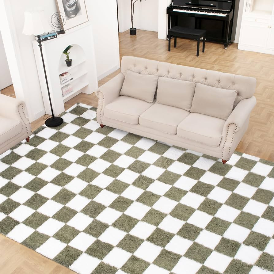 Super Soft Rug for Bedroom, 8x10 Ft Green and White Area Rug Classic Checkered Shaggy Anti-Skid H... | Amazon (US)